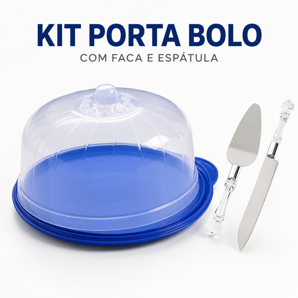 Kit Porta Bolo com Tampa Transparente Base Azul + Faca e Espátula para Servir
