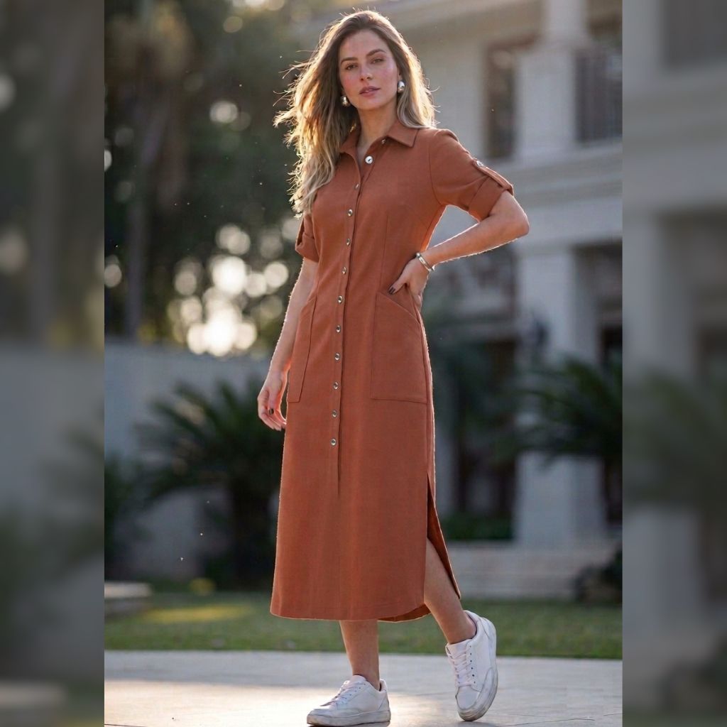 Vestido Longo Moda Evangélica Soltinho Trabalho Amamentação Pós Parto Liso Botão