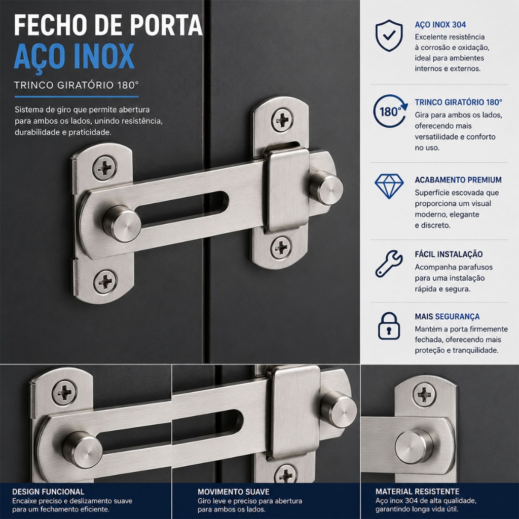 Trava Fecho Fechadura de Porta Aço Inoxidável 180° Trinco Tarjeta Ferrolho