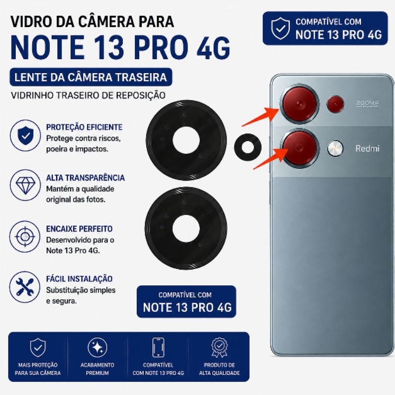Lente De Vidro Da Câmera Traseira Para Xiaomi Redmi Note 13 Pro 4G - Vidrinho Da Câmera Note 13 Pro 4G
