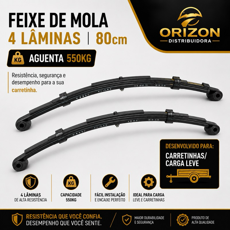 Feixe De Mola 4 Lâminas 80cm Capacidade 550KG Carretinha Reboque Trailer