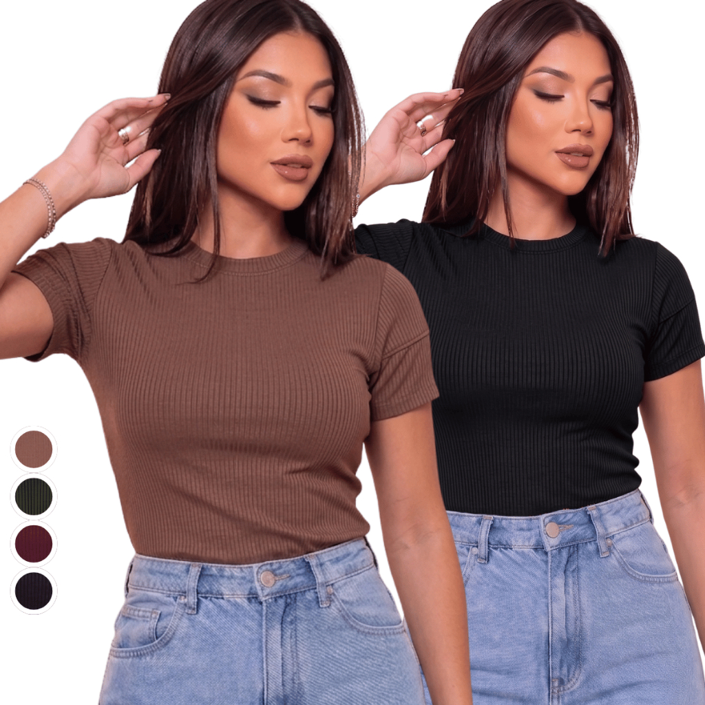 Kit Blusa Feminina Ribana Canelada Manga Curta Básica Moda Feminina Casual Confortável