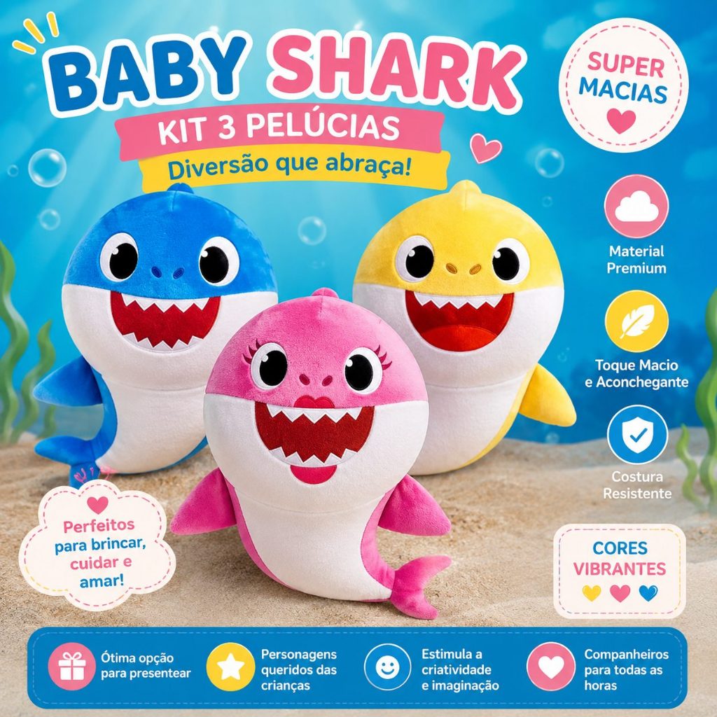 Boneco Pelucia Baby Shark Bebe Mae Tubarão Mommy Shark Azul Amarelo Rosa 20 cm