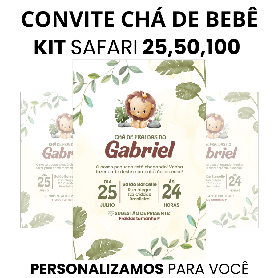Convite chá de bebê menino tema safari, personalizado com impressão premium em papel glossy fotográfico