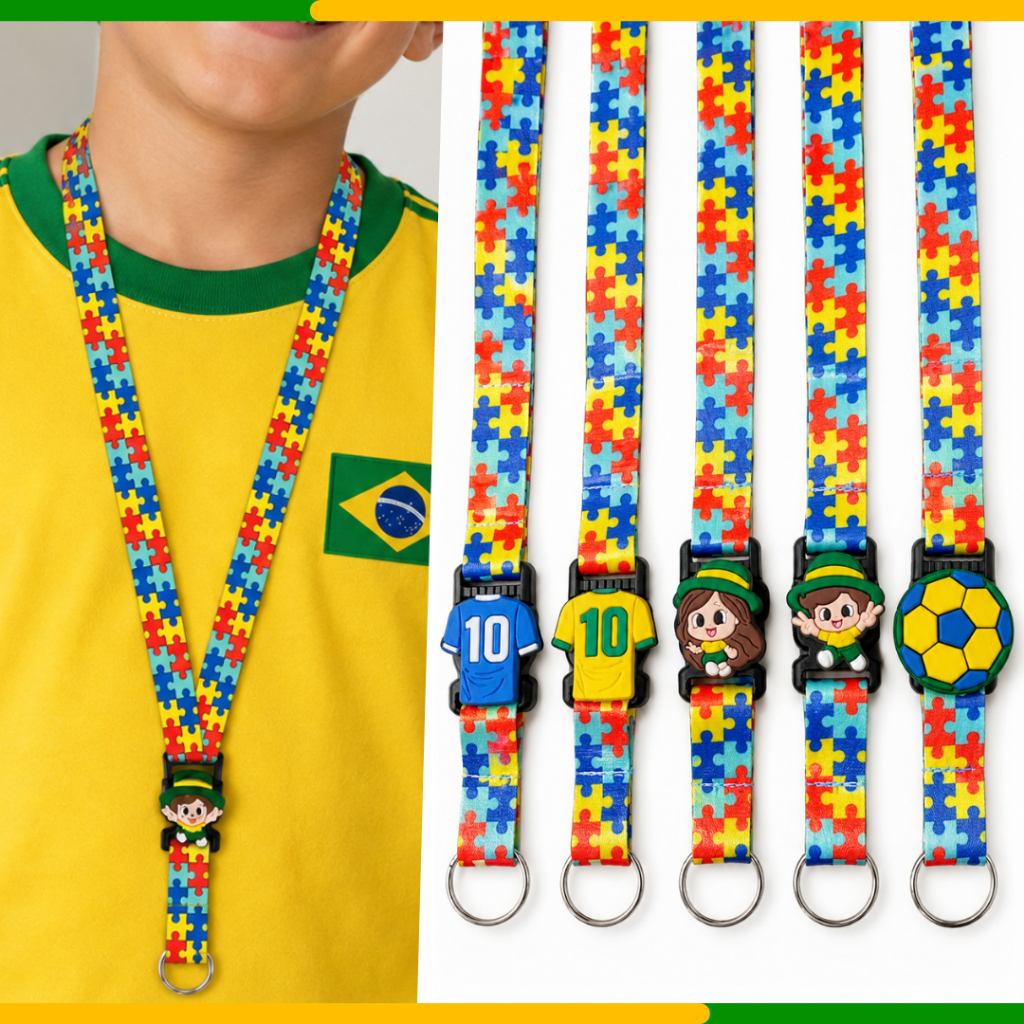 Cordão de Identificação Autismo c/ Tema Brasil Copa do Mundo - Cordão Quebra Cabeça Símbolo Autista