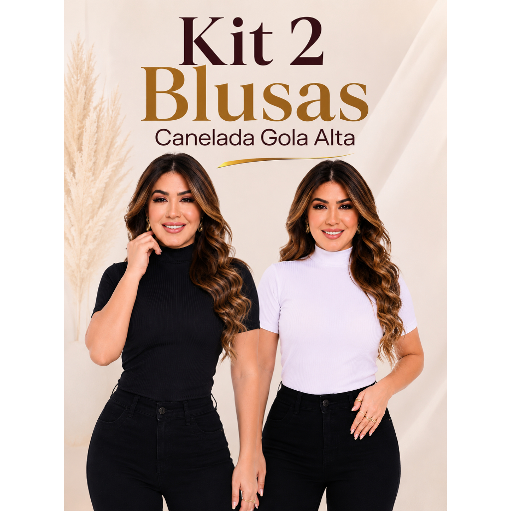 Kit 2 Blusas Femininas Canelada Gola Alta Premium Manga Curta Confortável Elegante Básica Estilosa