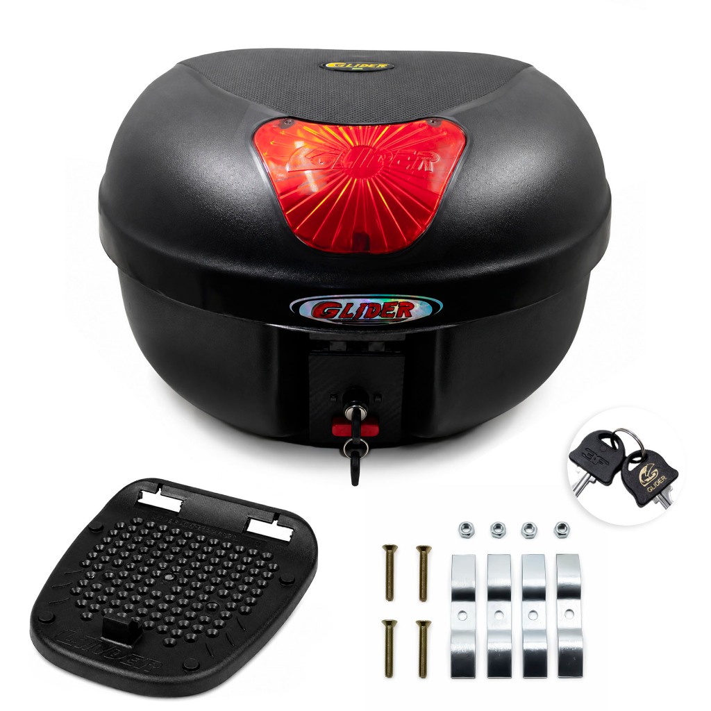 Baú Moto 35 Litros Glider Utility Refletor Vermelho com Chave e Suporte Kit Fixação Universal