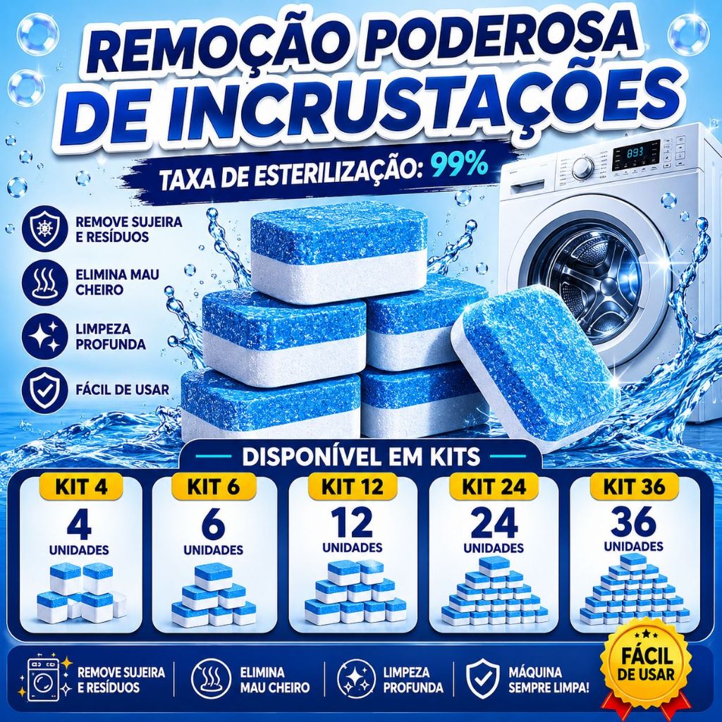 Pastilha Limpa Máquina de Lavar Roupa Efervescente | Remove Mau Cheiro, Limo, Sabão e Resíduos | Higienizador para Todas