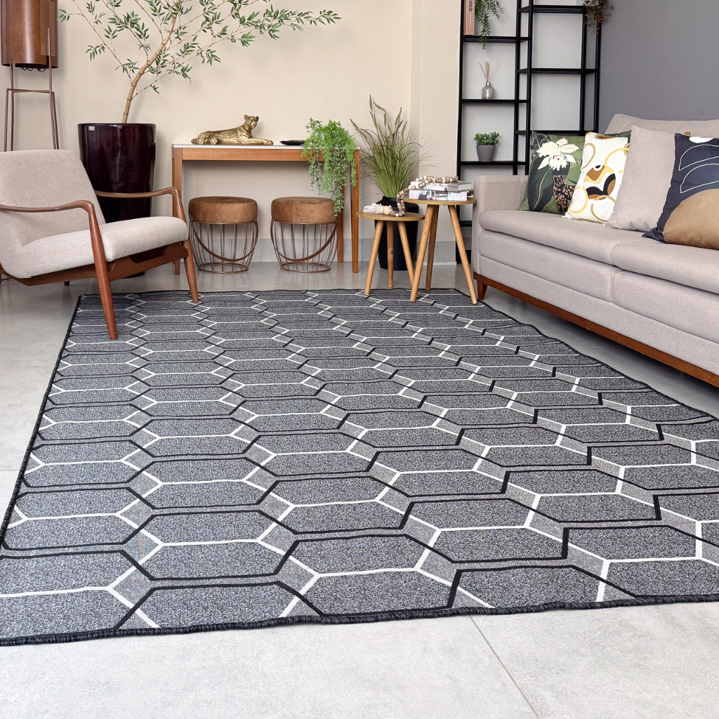 Tapete 300x200 Sala Decorativo Estampa Moderna Presença Sofisticada Jacquard Bege Cinza