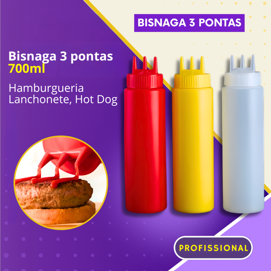 Kit Bisnaga Catchup Maionese Mostarda 3 Pontas 700ml para Molhos Profissional