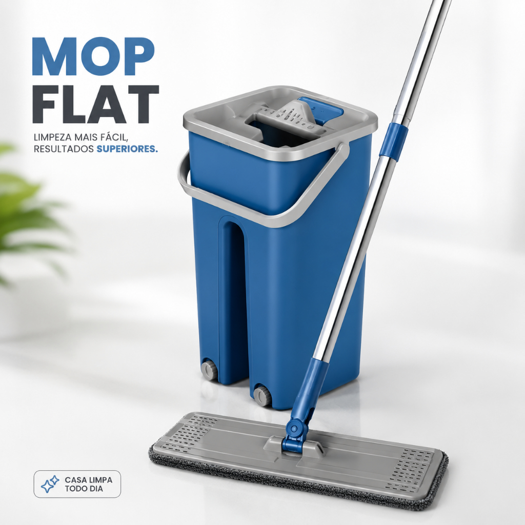 Kit com Mop Flat Lava e Seca 5L + 2 Refis Microfibra Rodo Giratório Limpeza Prática Casa Cozinha