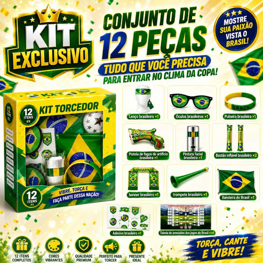 Kit Copa do Mundo 2026 Brasil Bandeira Corneta Torcedor Adesivo Futebol Virginia Kit 12 Itens