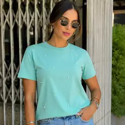 Blusa T Shirt Feminina com Pérolas Casual Elegante Fashion Premium 100% Algodão