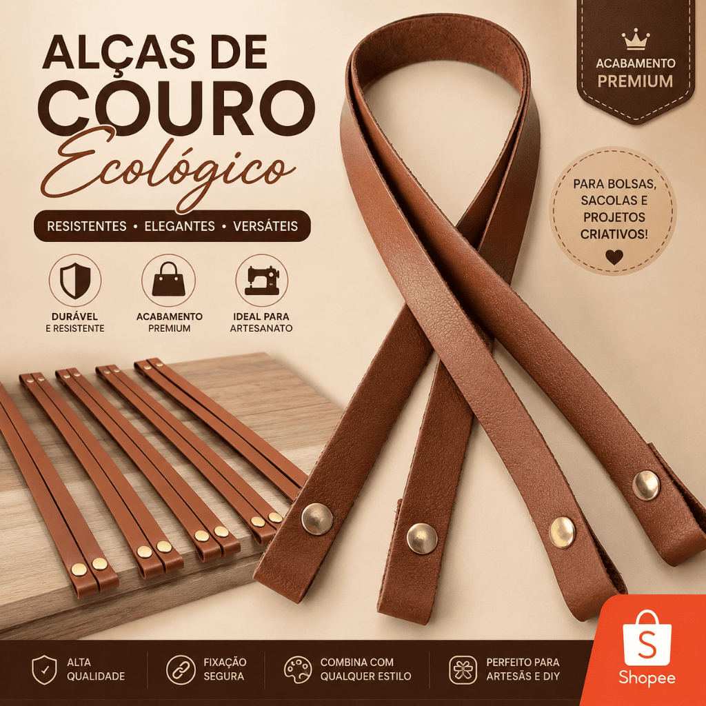 Kits 01 Par (2un) e 05 pares (10un) Alça Para Bolsa 60cm Couro Sintético Caramelo ou Preto Botão Dourado Alça Bolsa