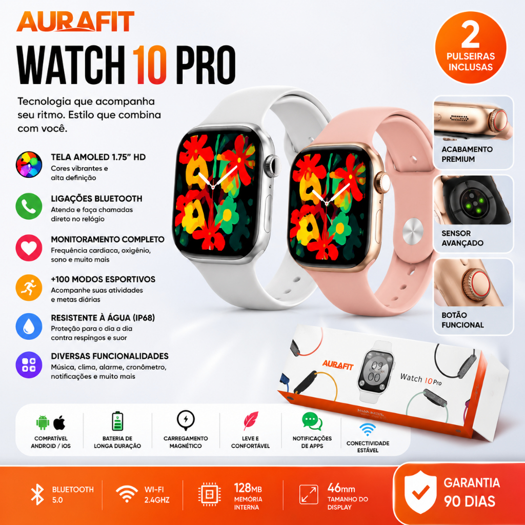 Smartwatch A10 Pro Aurafit AMOLED 1.75 Bluetooth IP68 Compatível Android iOS N.F Anatel Premium