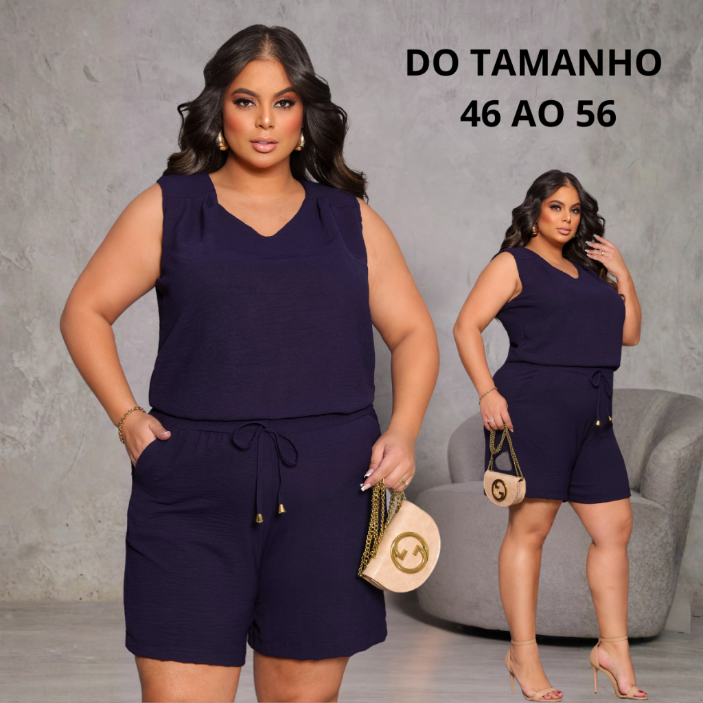 Conjunto Plus Size Feminino Shorts e Blusa Regata Casual Elegante Cintura Ajustável Moda Verão Confortável