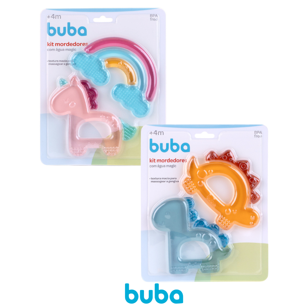 Kit 2 mordedores com água Buba Magic Buba +4 meses Mordedor Dino Unicornio