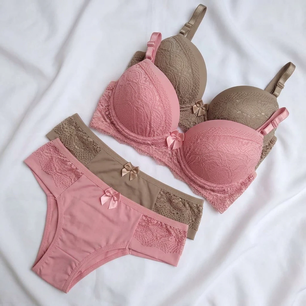 Kit Conjunto Lingerie Feminina Calcinha e Sutiã Com Bojo Rendado Confortável Delicado — imagem 1