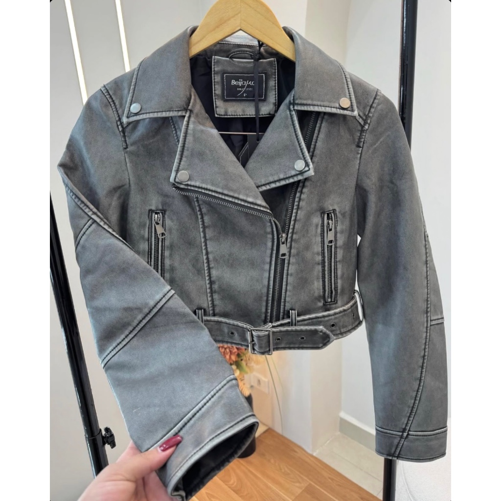 COURO JEANS Jaqueta de Couro PU Cropped Lavagem Jeans Feminina Forrada com Cinto Removível Inverno Casaco Feminino