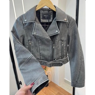 COURO JEANS Jaqueta de Couro PU Cropped Lavagem Jeans Feminina Forrada com Cinto Removível Inverno Casaco Feminino