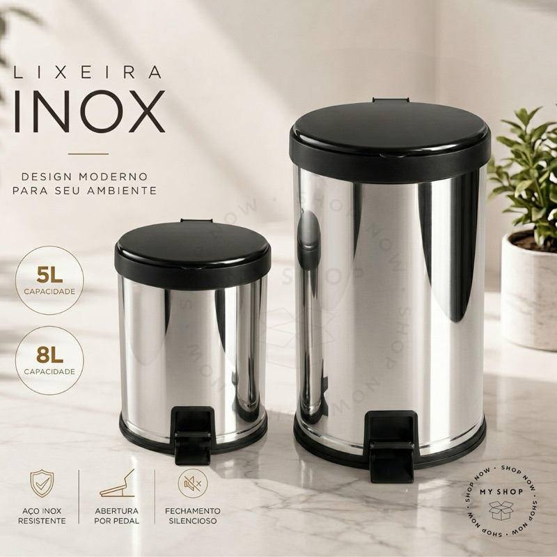Lixeira Inox Banheiro Com Pedal e Tampa 5 e 8 Litros Escritório Cozinha