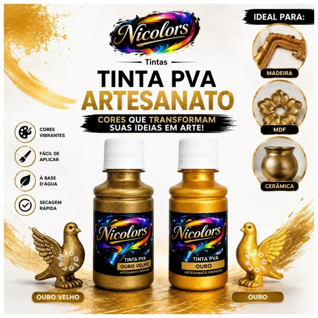Tinta Metálica Ouro e Ouro Velho -  Para Gesso, Arte e Artesanato em Geral- 100Ml