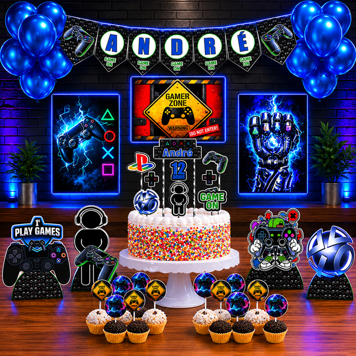 Kit festa em casa personalizado 17 itens + 1 topo de bolo + bandeirolas Video Game