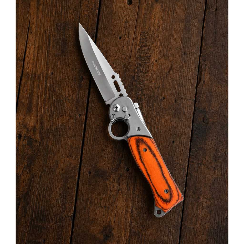 Canivete Automático Esportivo 25cm Saque Rápido Robusto Luxoso Cabo Madeira Lanterna Camping Pesca