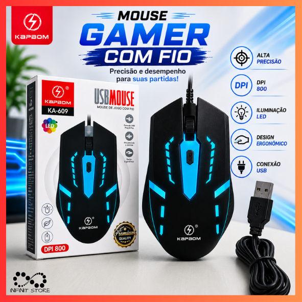 Mouse Gamer USB com Fio LED RGB Ergonômico 800 DPI Kapbom KA-609 Compacto e Confortável Para Jogos/Trabalho