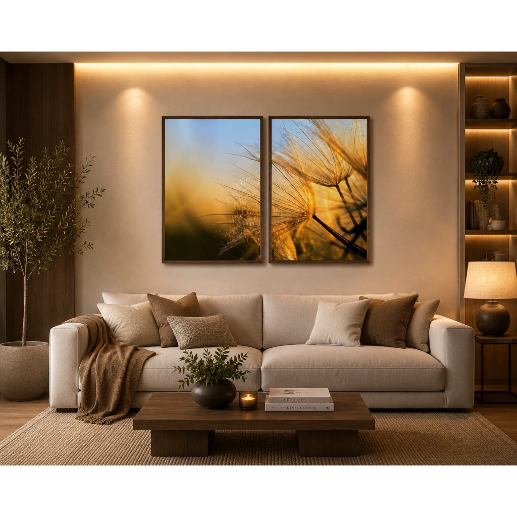 Quadro Decorativo Diptico Luz Do Entardecer Sala Quarto Escritorio Moldura Com ou Sem Vidro