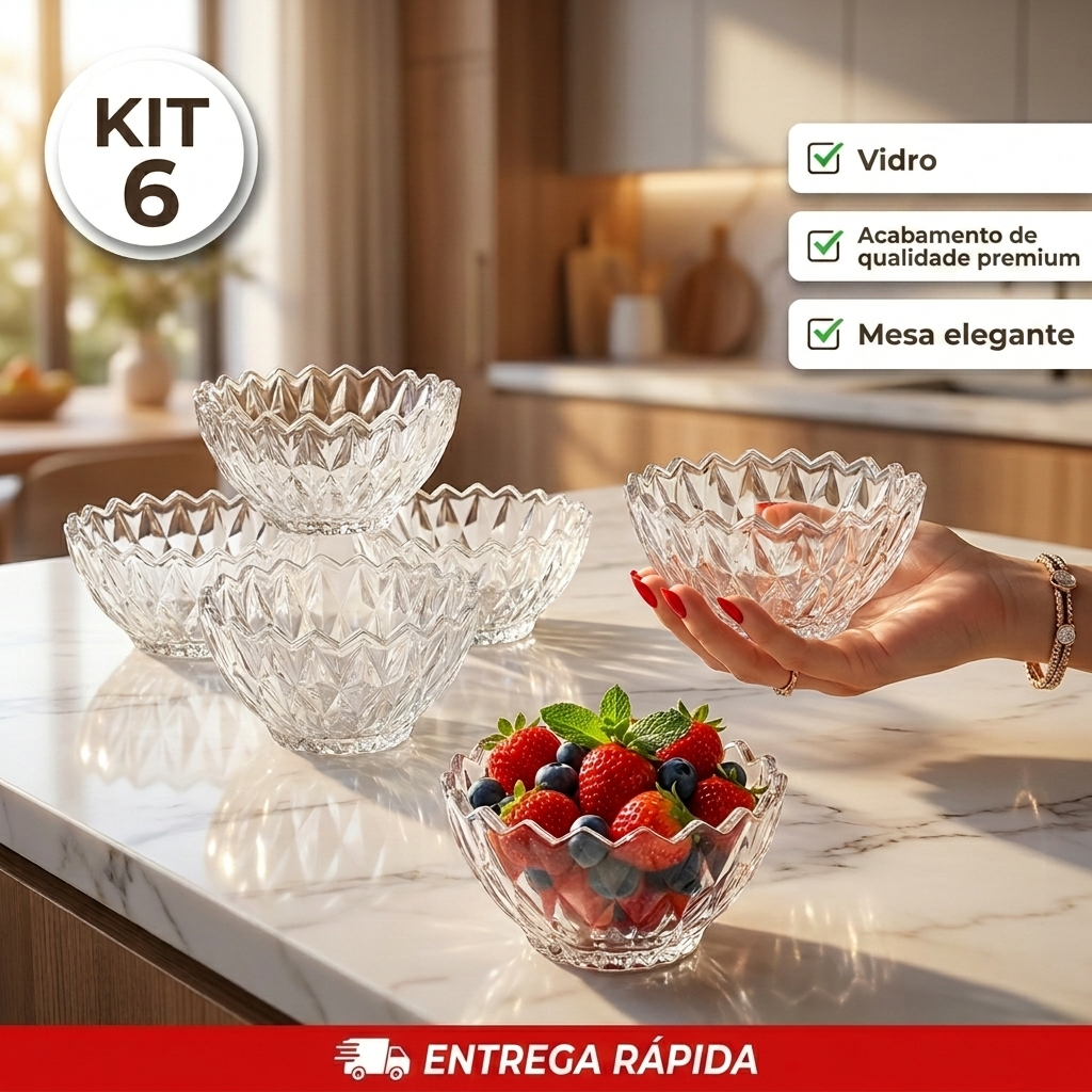 Kit Jogo de 6 Taças Para Sobremesa 6x1 Diamond Bico de Jaca Rocks Galaxy Abacaxi 280ml Vidro Resistente