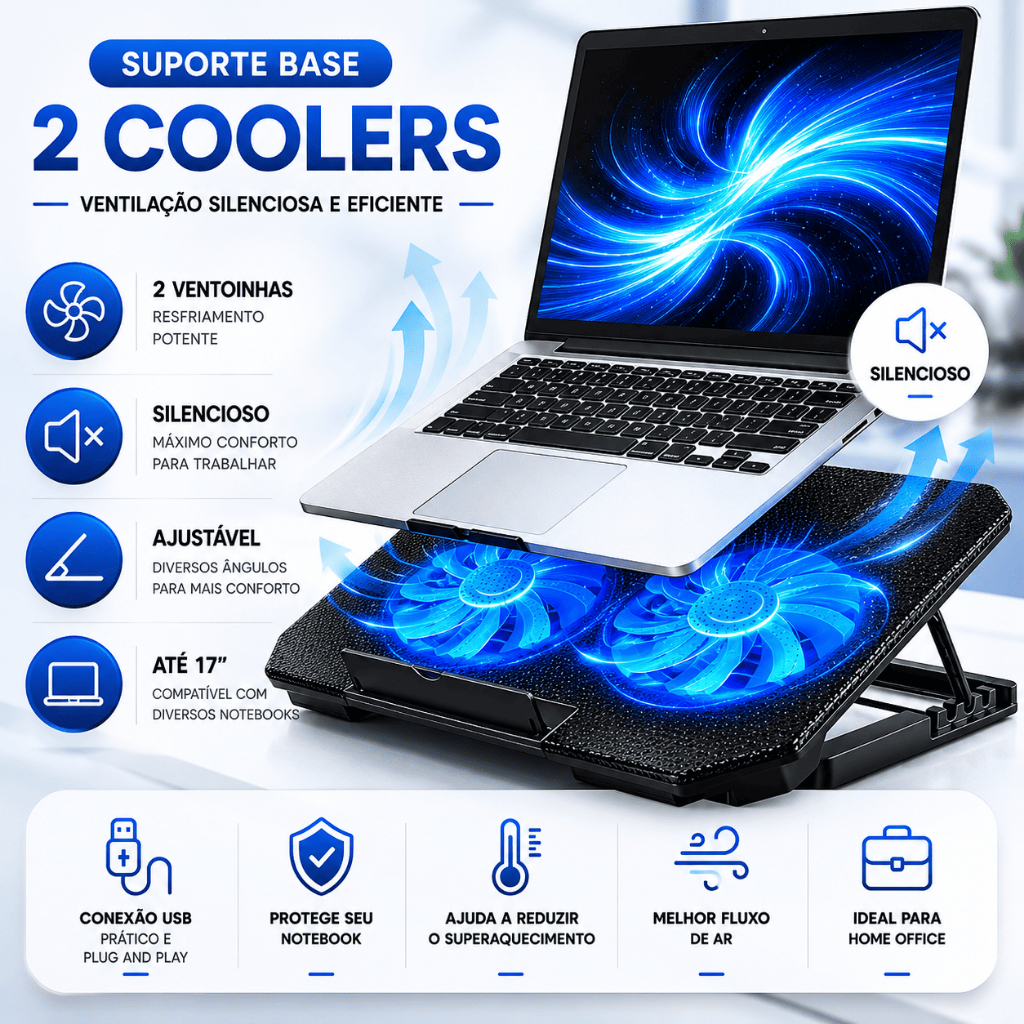 Suporte Base Notebook 2 Coolers Ventilação Silenciosa Ajustável Até 17” Resfriador USB Gamer Home Office
