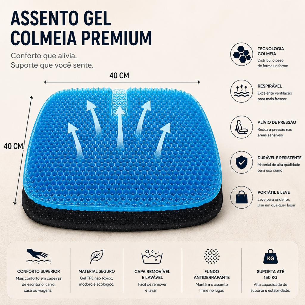 Almofada em Gel Favo de Mel Grande e Grossa Fresca Respirável Anticansaço para Escritório Casa e Carro