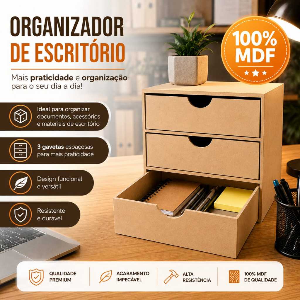 Organizador Gaveteiro De Folhas A4 3 Gavetas Grandes Para Folhas Documentos e Acessórios Em MDF Crú