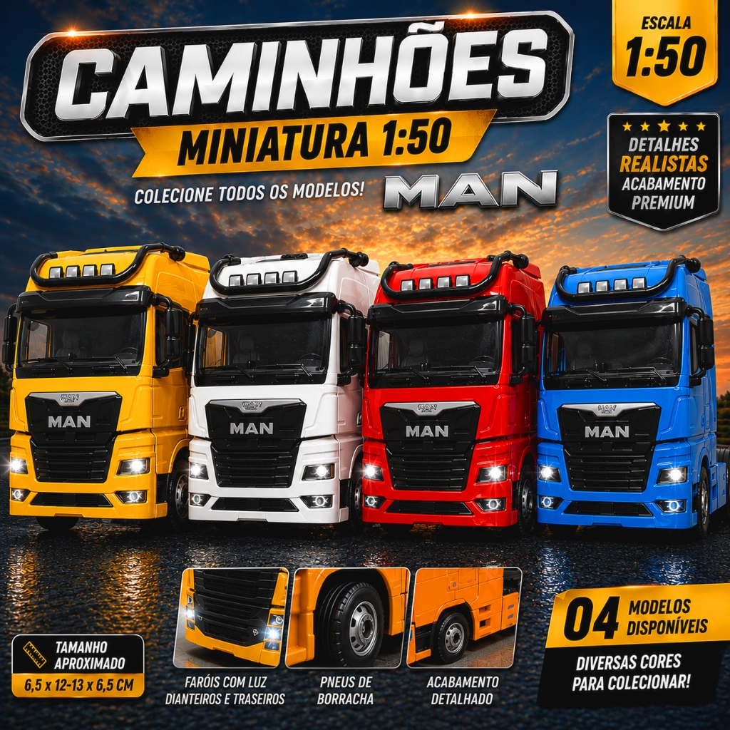 Mini Caminhão Miniatura 1:50 MAN Trucado Colecionável de Metal com Som e Luz