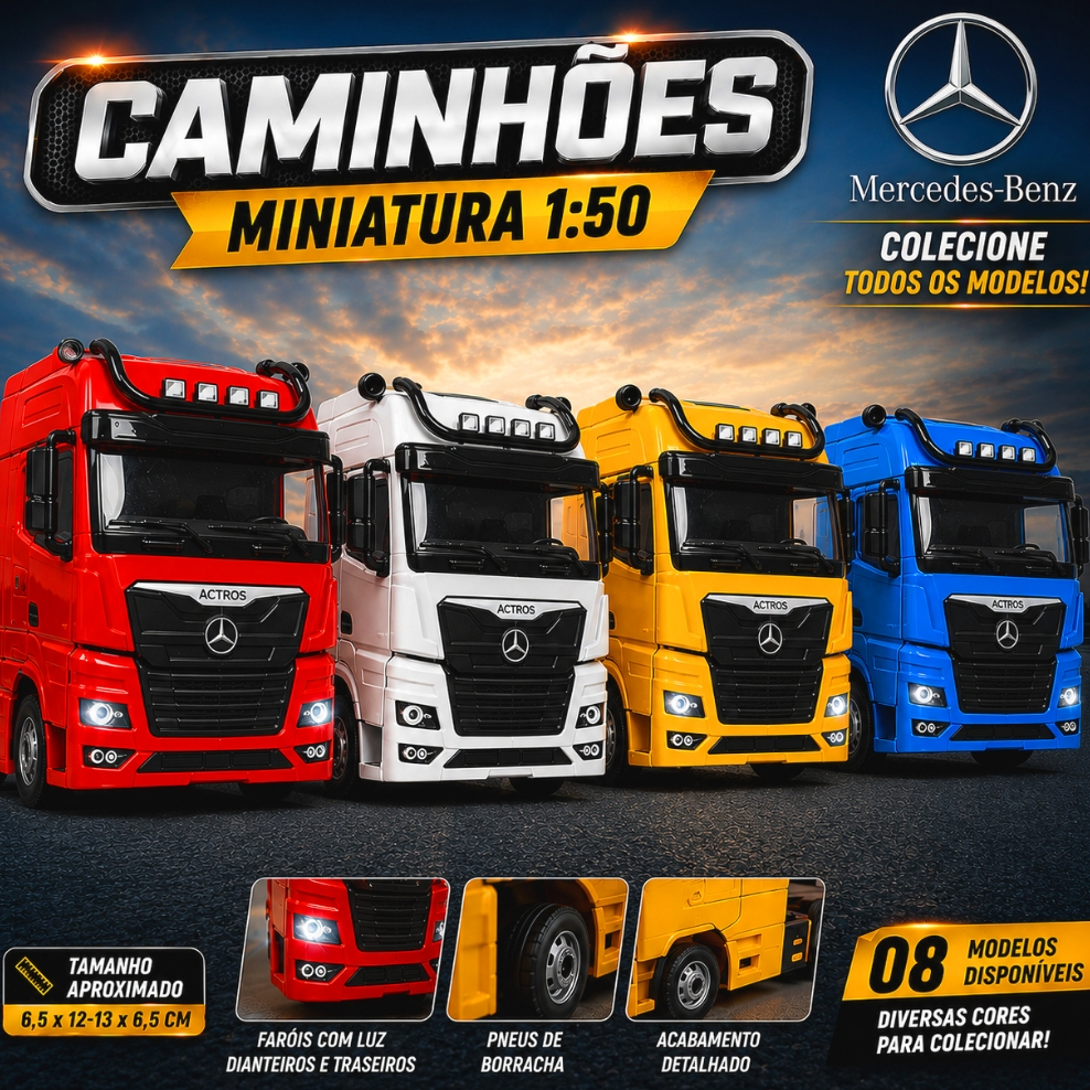 Caminhão Miniatura 1:50 Mercedes-Benz Actros Mini Trucado de Metal Som e Luz