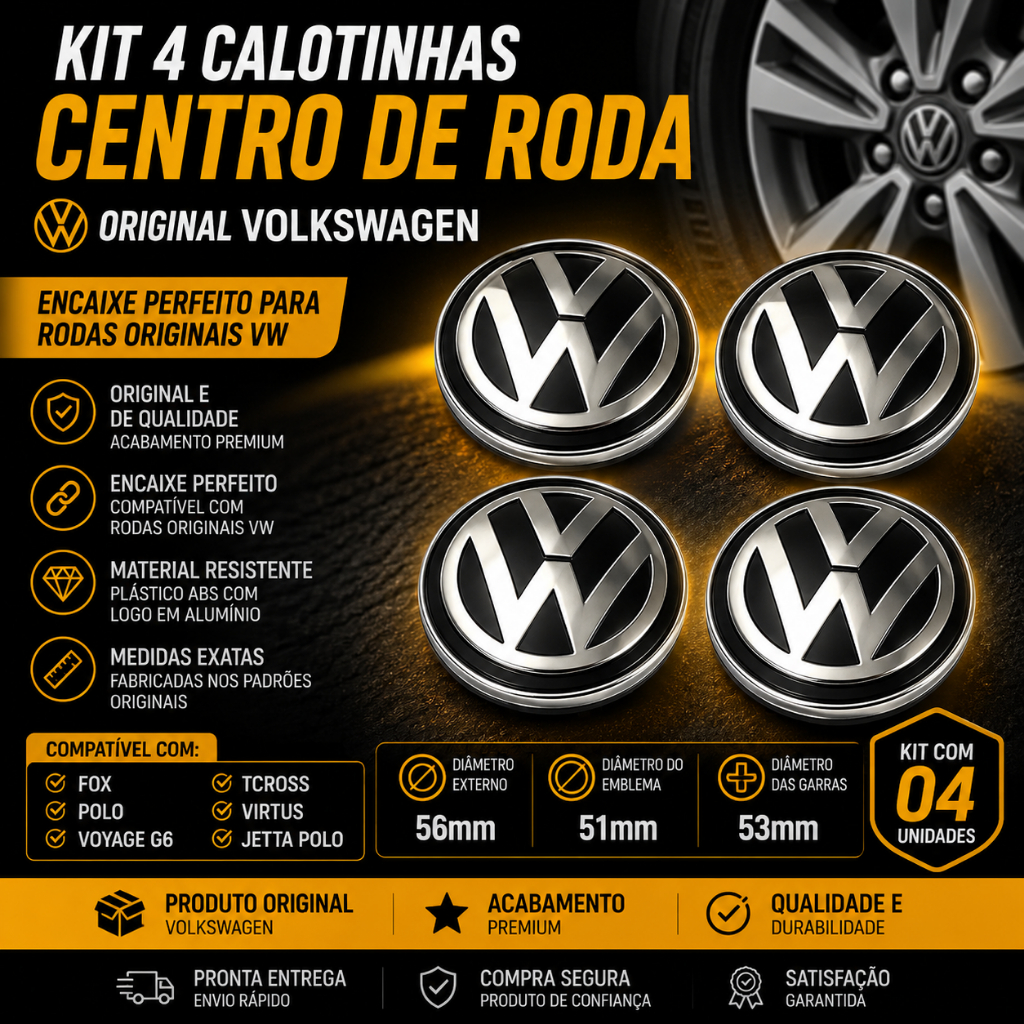 Kit 4 Calota Centro Miolo Roda Original Vw Fox Polo Voyage G6 TCROSS VIRTUS JETTA POLO