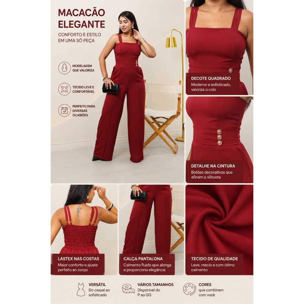 Macacão Pantalona Feminino Microfibra Alça Fina Elegantes com Botões na Frente