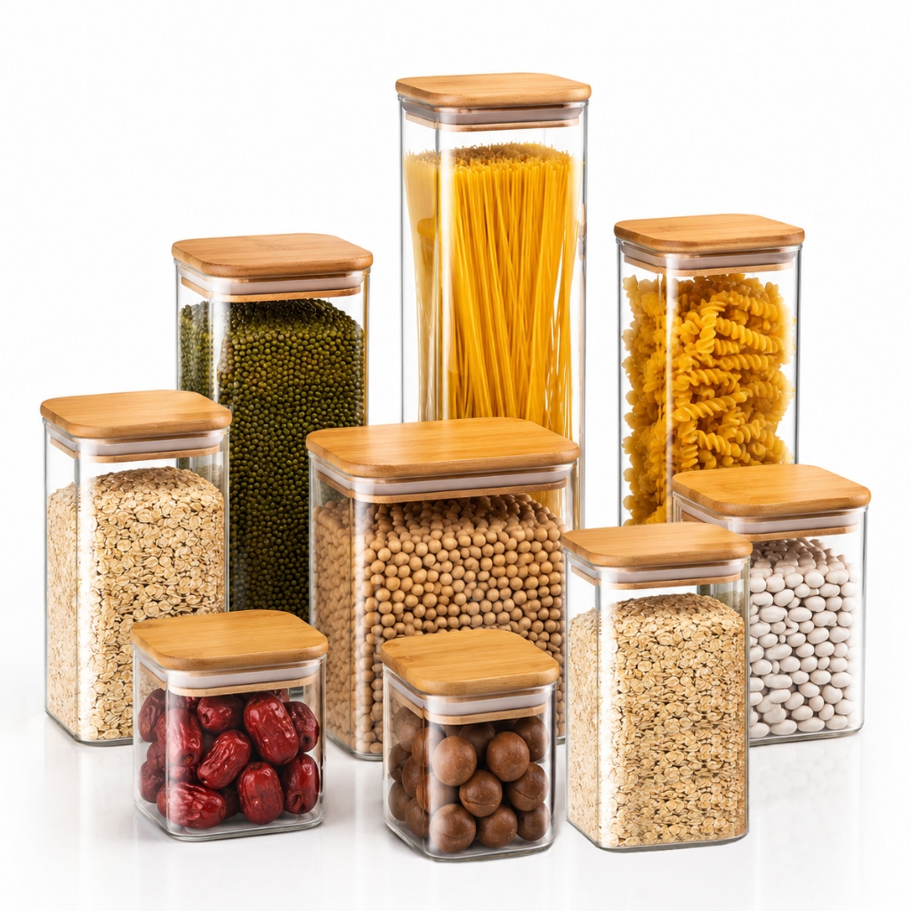 Kit 9 Potes De Vidro Com Tampa De Bambu Hermético Quadrado Transparente