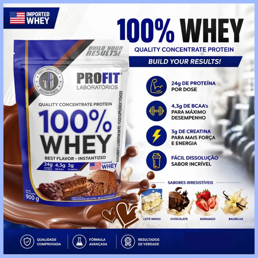 Whey Protein 100% Concentrado Imported 900g Proteina Suplemento PROFIT Massa Magra Emagrecer