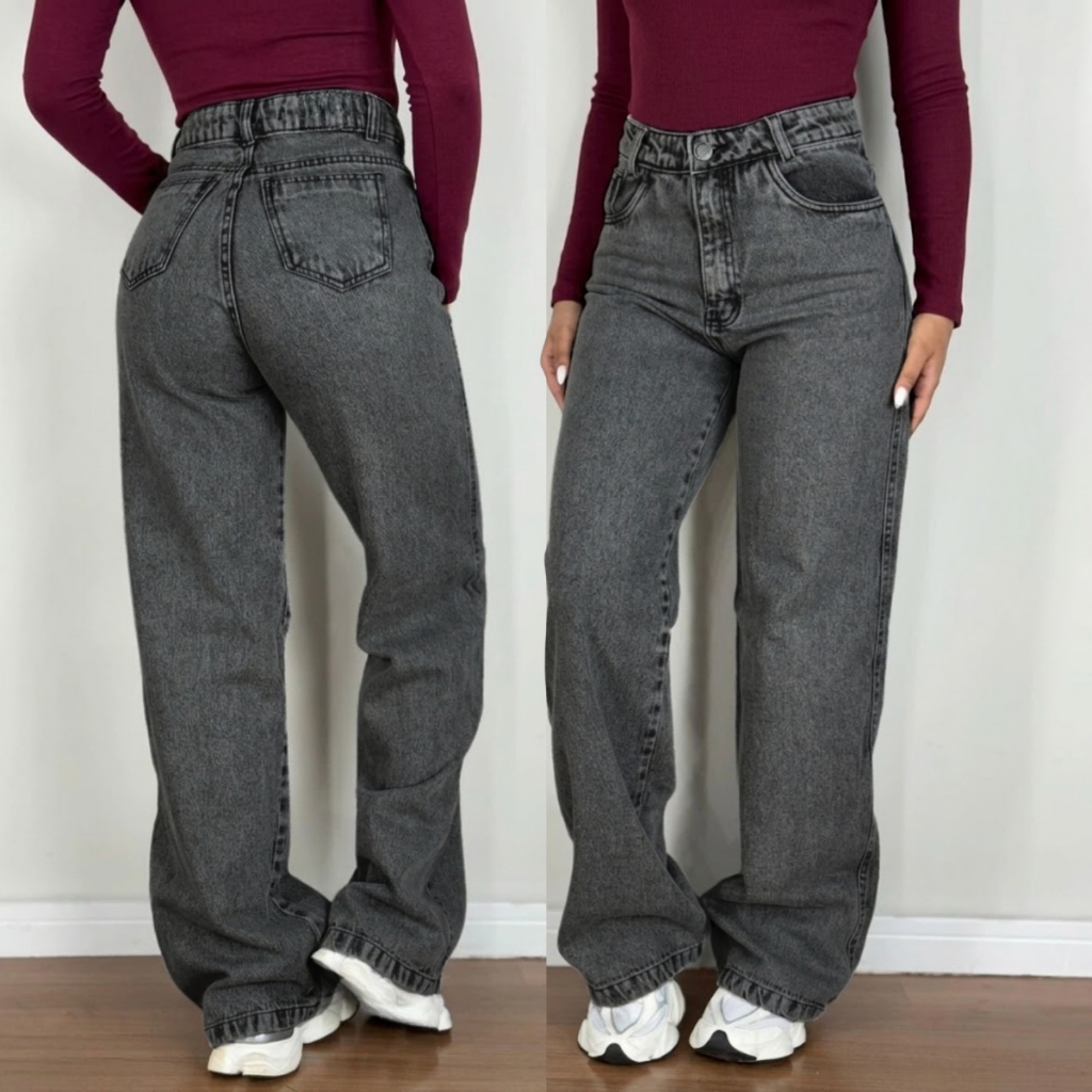 Calça Jeans Feminina Wide Leg Cintura Alta Pantalona 100% Algodão Premium