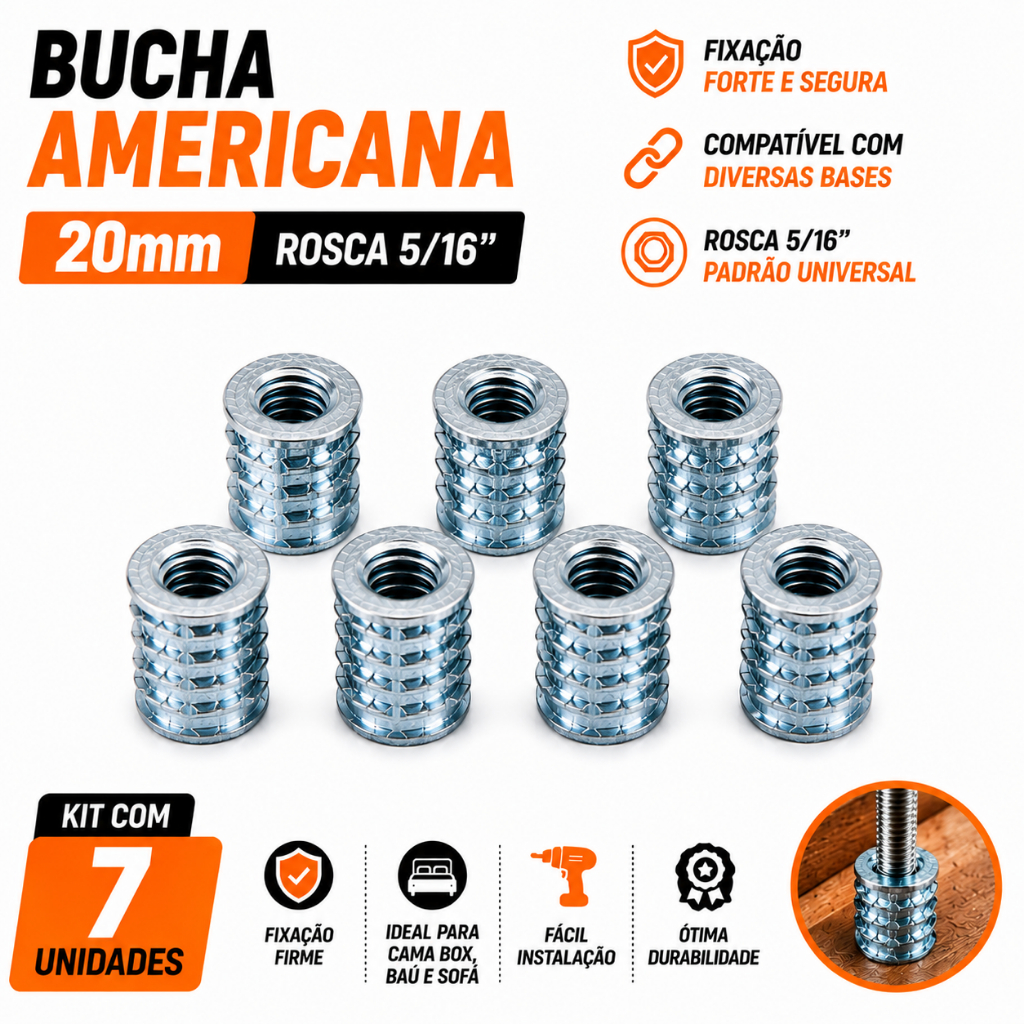 BUCHA AMERICANA Reforçada 5/16 Para Pé De Cama Box Sofá Kit Econômico