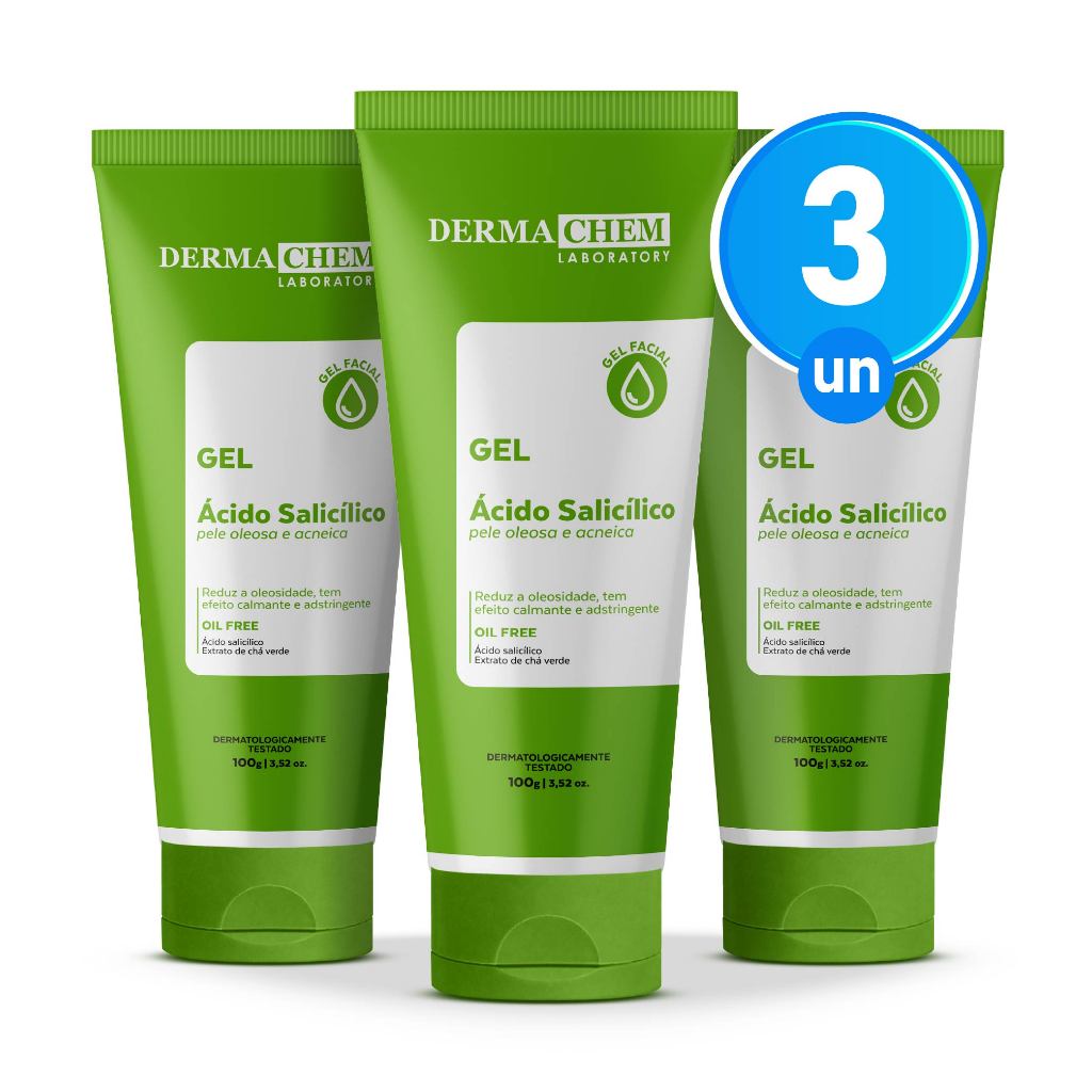 Kit 3 Gel Facial Antioleosidade Ácido Salicílico 100g Dermachem