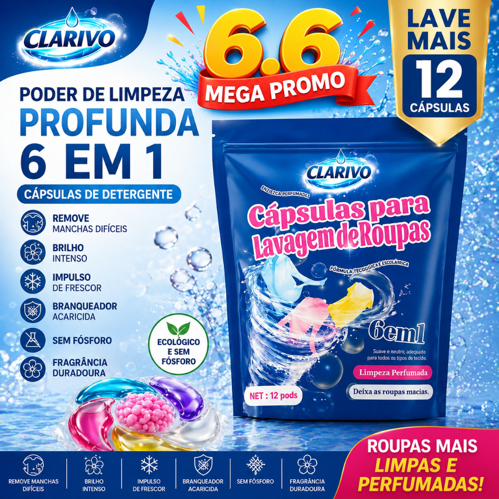 CLARIVO Cápsulas de Lavagem 6 em 1 Remove manchas e ácaros, fragrância duradoura, sem fósforo, 12 unidades por pacote