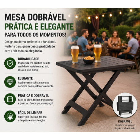 Mesa Dobrável Quadrada Preta 80x72x70cm Plástica Resistente para Bar e Jardim- Arqplast