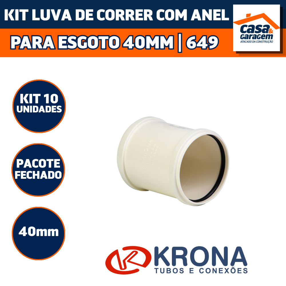 Kit Com 10 Luva Correr Com Anel Para Esgoto 40mm 649 Krona Conexão Hidráulica PV