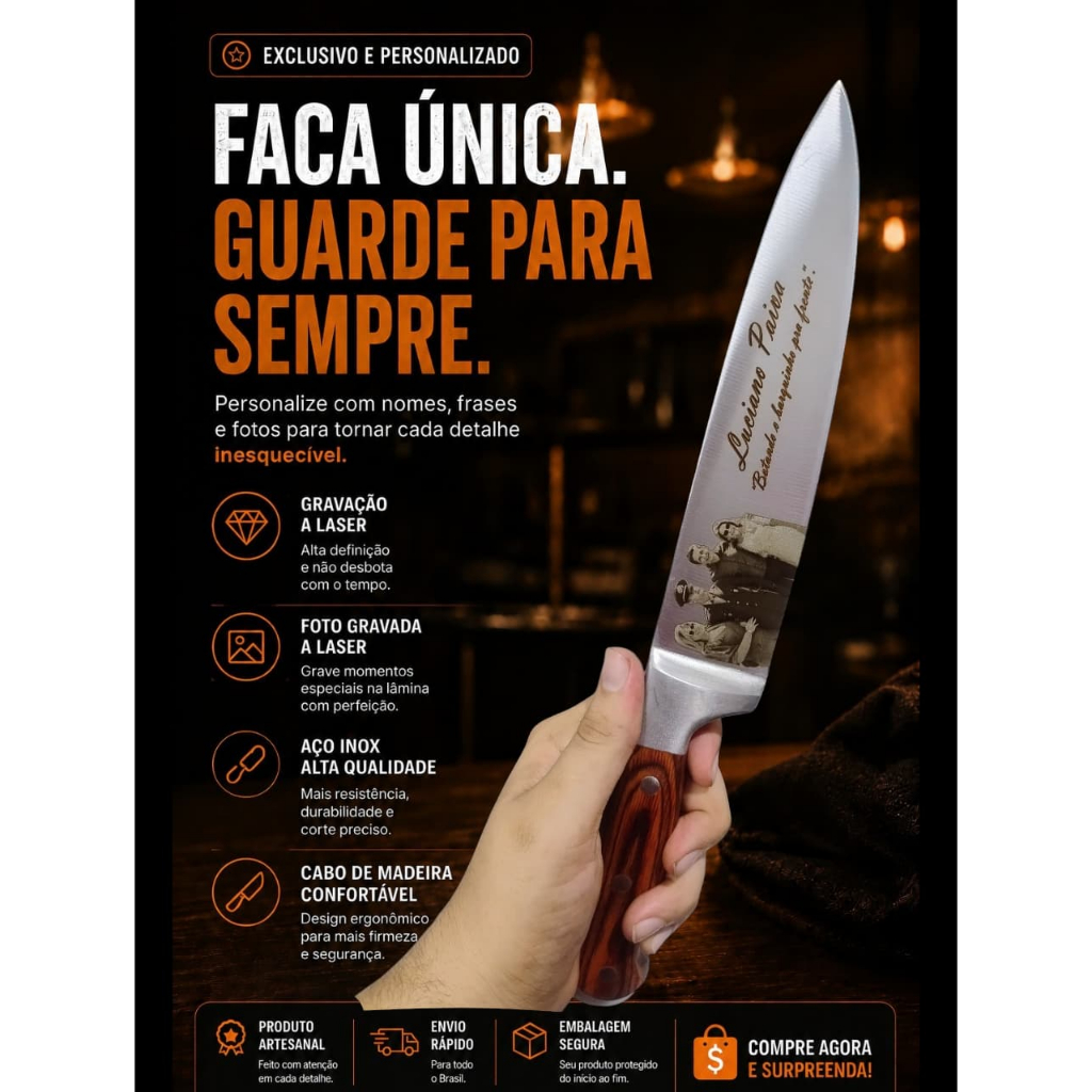 Faca Churrasco Personalizada com Foto e Nome Aço Inox Full Tang