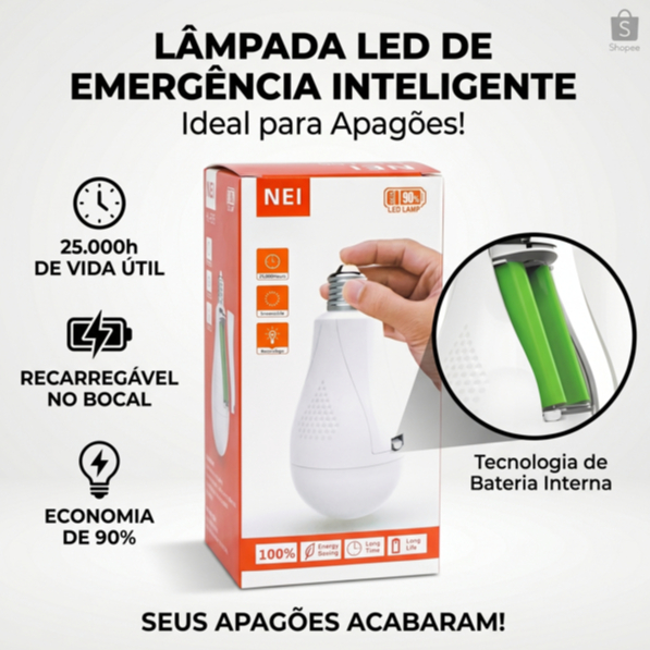 Lâmpada LED Emergência Recarregável 20W Portátil Bulbo Anti Apagão