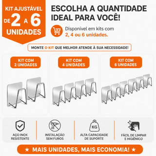 Kit 2 a 6 Ganchos Inox 304 - Suporte/Porta Esponja para Pia – Suporte Adesivo Anti Ferrug…