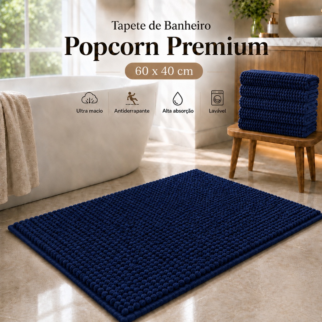 Tapete Azul Marinho Banheiro Popcorn 60x40 Microfibra Bolinha Antiderrapante Macio Absorvente Saída Box